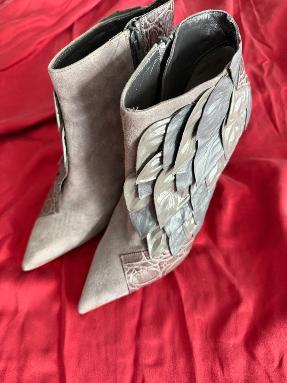 Chloe Taupe Gray Suede Pointed-Ankle Boots with Layered Petal Detail
